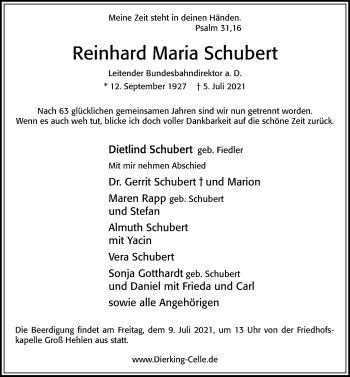 Traueranzeige von Reinhard Maria Schubert von Cellesche Zeitung