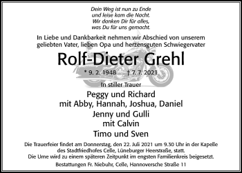 Traueranzeige von Rolf-Dieter Grehl von Cellesche Zeitung