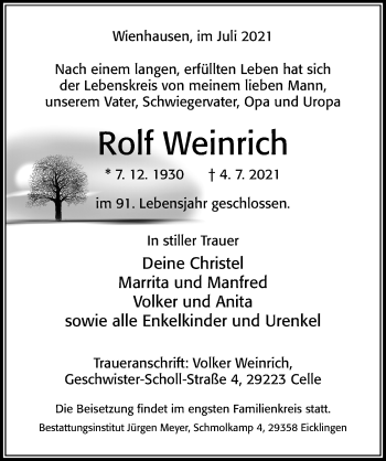 Traueranzeige von Rolf Weinrich von Cellesche Zeitung