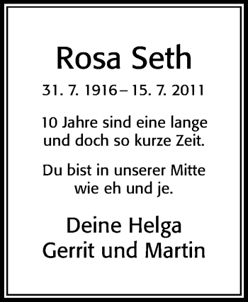 Traueranzeige von Rosa Seth von Cellesche Zeitung