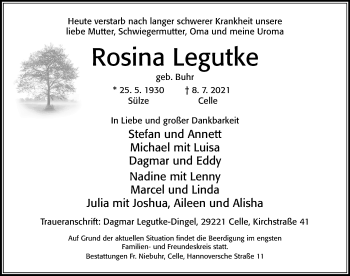 Traueranzeige von Rosina Legutke von Cellesche Zeitung