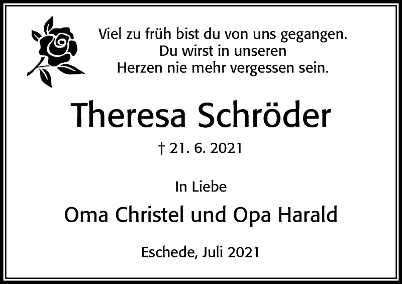  Traueranzeige für Theresa Schröder vom 03.07.2021 aus Cellesche Zeitung