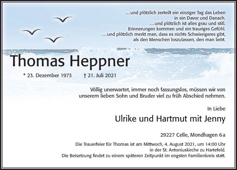  Traueranzeige für Thomas Heppner vom 31.07.2021 aus Cellesche Zeitung