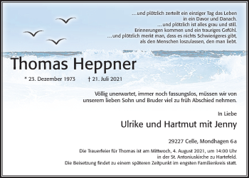 Traueranzeige von Thomas Heppner von Cellesche Zeitung