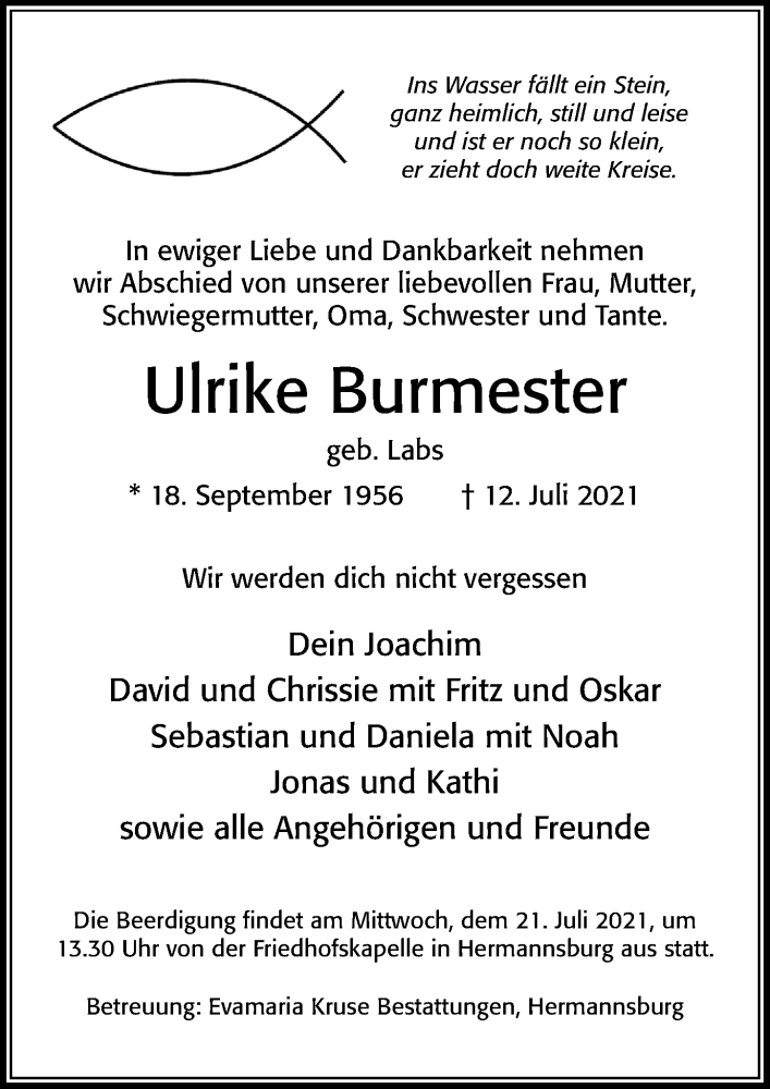  Traueranzeige für Ulrike Burmester vom 17.07.2021 aus Cellesche Zeitung