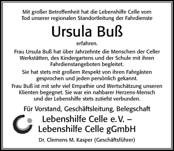 Traueranzeige von Ursula Buß von Cellesche Zeitung