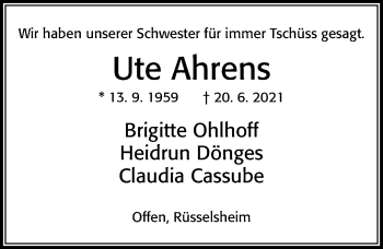 Traueranzeige von Ute Ahrens von Cellesche Zeitung