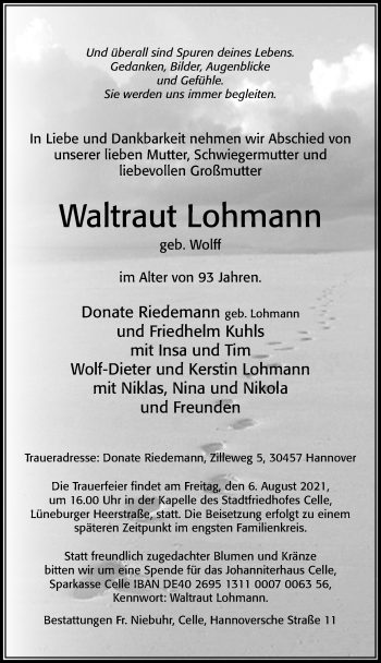 Traueranzeige von Waltraut Lohmann von Cellesche Zeitung