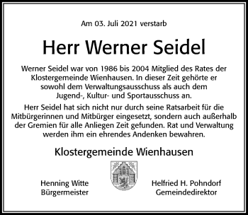 Traueranzeige von Werner Seidel von Cellesche Zeitung