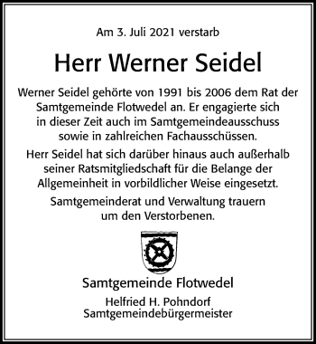 Traueranzeige von Werner Seidel von Cellesche Zeitung