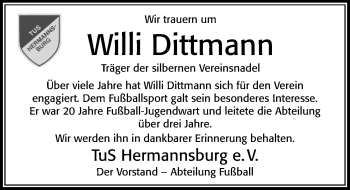 Traueranzeige von Willi Dittmann von Cellesche Zeitung