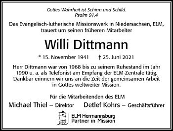 Traueranzeige von Willi Dittmann von Cellesche Zeitung