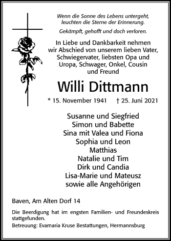 Traueranzeige von Willi Dittmann von Cellesche Zeitung