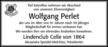 Traueranzeige von Wolfgang Perlet von Cellesche Zeitung