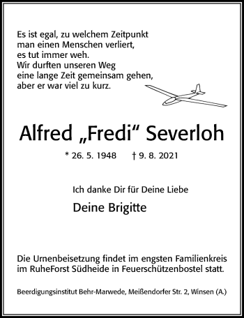 Traueranzeige von Alfred Severloh von Cellesche Zeitung