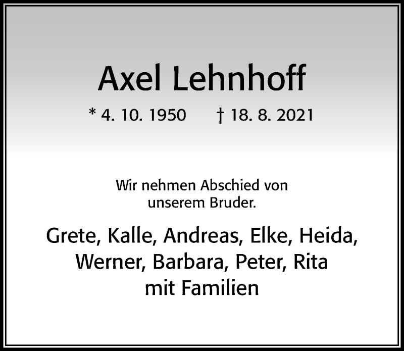  Traueranzeige für Axel Lehnhoff vom 25.08.2021 aus Cellesche Zeitung