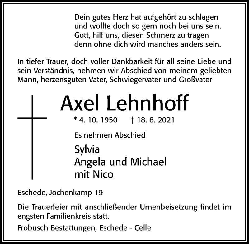  Traueranzeige für Axel Lehnhoff vom 28.08.2021 aus Cellesche Zeitung