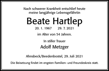 Traueranzeige von Beate Hartlep von Cellesche Zeitung