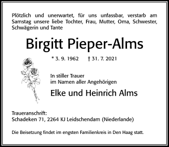 Traueranzeige von Birgitt Pieper-Alms von Cellesche Zeitung