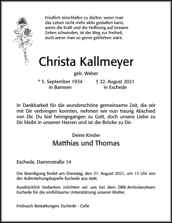 Traueranzeige von Christa Kallmeyer von Cellesche Zeitung