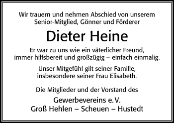 Traueranzeige von Dieter Heine von Cellesche Zeitung