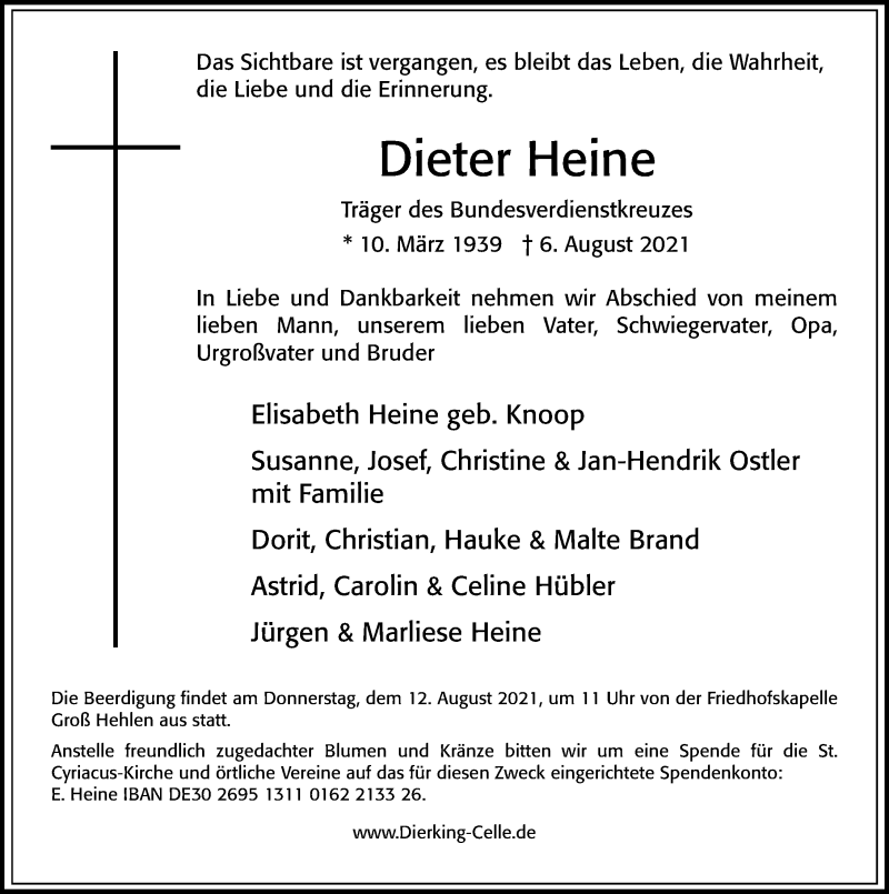  Traueranzeige für Dieter Heine vom 10.08.2021 aus Cellesche Zeitung