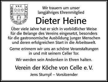 Traueranzeige von Dieter Heine von Cellesche Zeitung