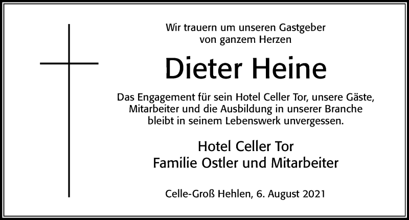  Traueranzeige für Dieter Heine vom 10.08.2021 aus Cellesche Zeitung
