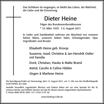 Traueranzeige von Dieter Heine von Cellesche Zeitung