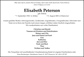Traueranzeige von Elisabeth Peterson von Cellesche Zeitung