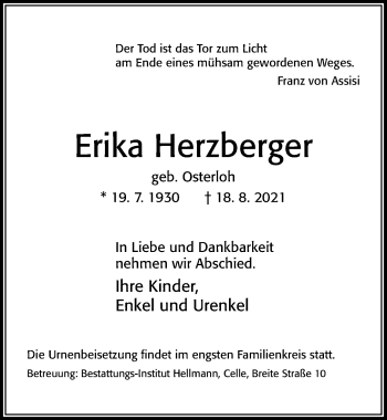 Traueranzeige von Erika Herzberger von Cellesche Zeitung