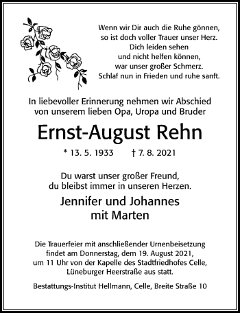 Traueranzeige von Ernst-August Rehn von Cellesche Zeitung