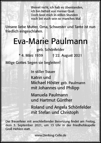 Traueranzeige von Eva-Marie Paulmann von Cellesche Zeitung