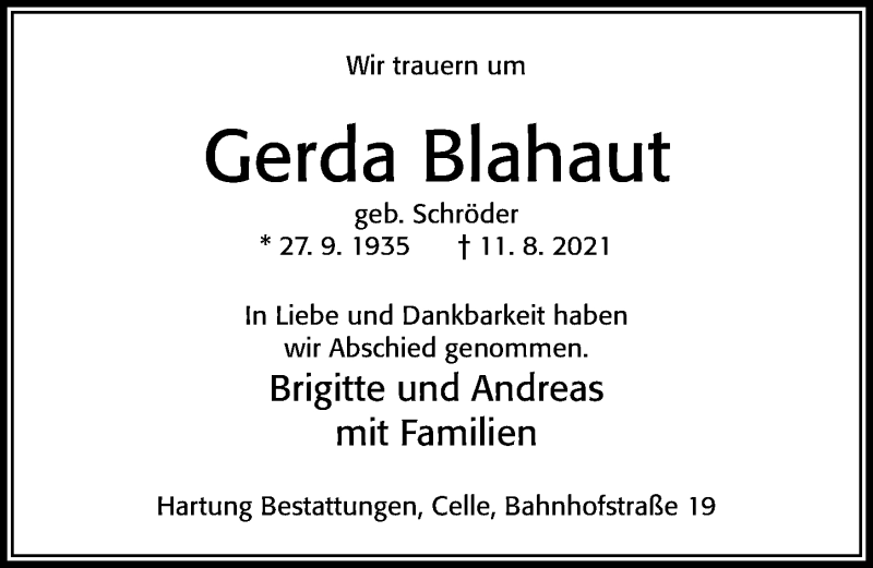  Traueranzeige für Gerda Blahaut vom 28.08.2021 aus Cellesche Zeitung