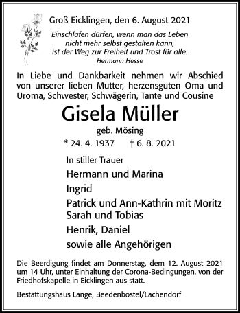 Traueranzeige von Gisela Müller von Cellesche Zeitung