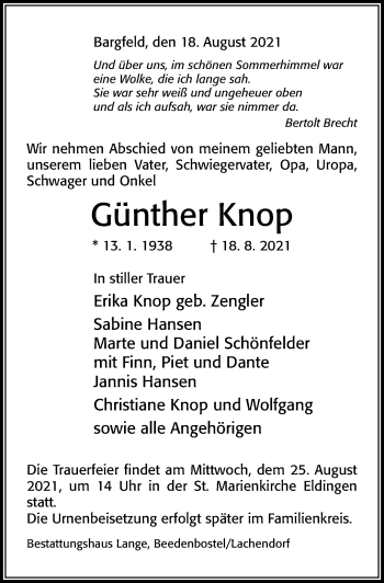 Traueranzeige von Günther Knop von Cellesche Zeitung