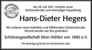 Traueranzeige von Hans-Dieter Hegers von Cellesche Zeitung