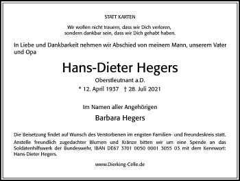 Traueranzeige von Hans-Dieter Hegers von Cellesche Zeitung