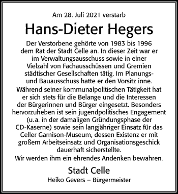 Traueranzeige von Hans-Dieter Hegers von Cellesche Zeitung