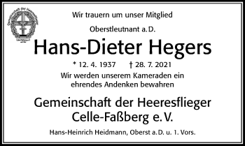 Traueranzeige von Hans-Dieter Hegers von Cellesche Zeitung