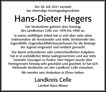 Traueranzeige von Hans-Dieter Hegers von Cellesche Zeitung