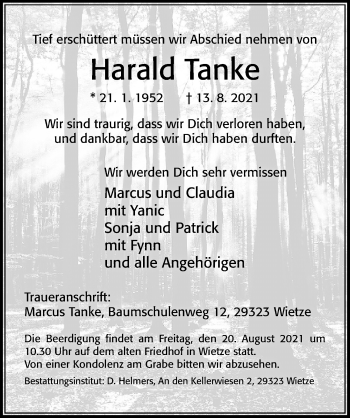 Traueranzeige von Harald Tanke von Cellesche Zeitung