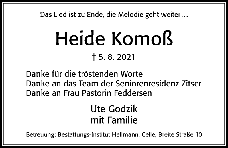  Traueranzeige für Heide Komoß vom 28.08.2021 aus Cellesche Zeitung