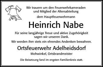 Traueranzeige von Heinrich Nabe von Cellesche Zeitung