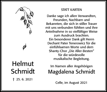 Traueranzeige von Helmut Schmidt von Cellesche Zeitung