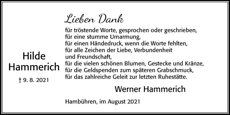  Traueranzeige für Hilde Hammerich vom 28.08.2021 aus Cellesche Zeitung