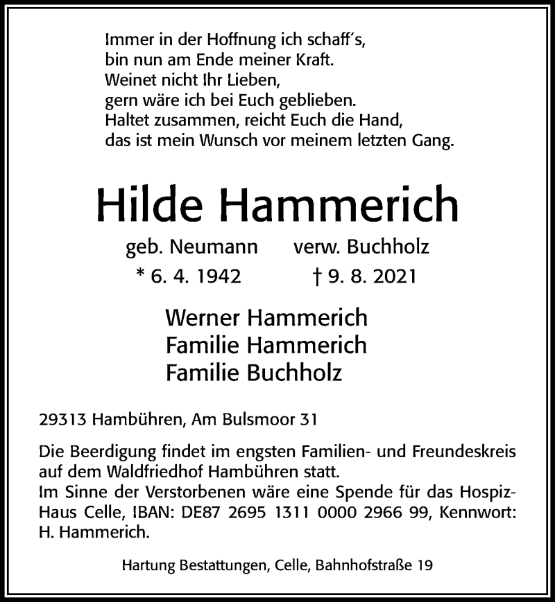  Traueranzeige für Hilde Hammerich vom 14.08.2021 aus Cellesche Zeitung