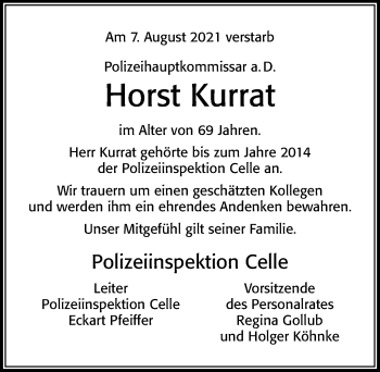 Traueranzeige von Horst Kurrat von Cellesche Zeitung