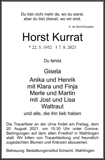 Traueranzeige von Horst Kurrat von Cellesche Zeitung
