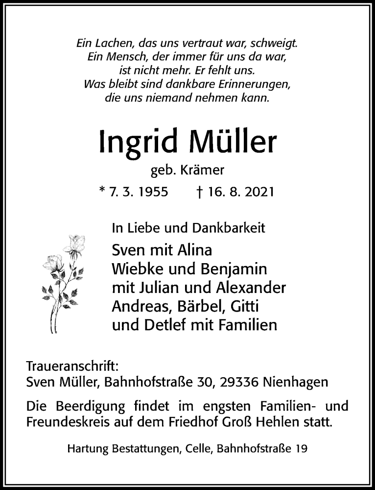  Traueranzeige für Ingrid Müller vom 24.08.2021 aus Cellesche Zeitung